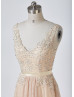 Deep V Neck Champagne Lace Tulle Beading Floor Length Prom Dress